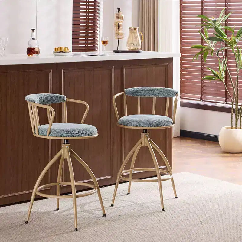 Sgabello da bar girevole in tessuto lino effetto neve blu con gambe in legno