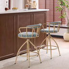 Sgabello da bar girevole in tessuto lino effetto neve blu con gambe in legno
