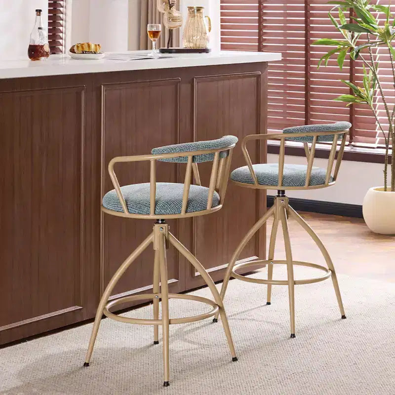 Sgabello da bar girevole in tessuto lino effetto neve blu con gambe in legno