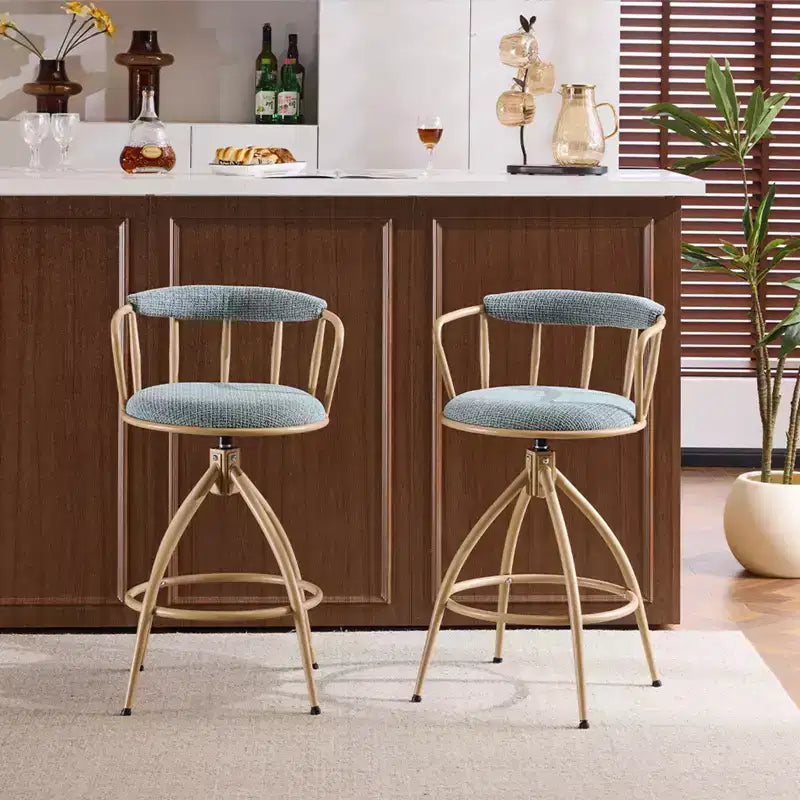 Sgabello da bar girevole in tessuto lino effetto neve blu con gambe in legno