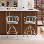 Sgabello da bar girevole in tessuto lino effetto neve blu con gambe in legno