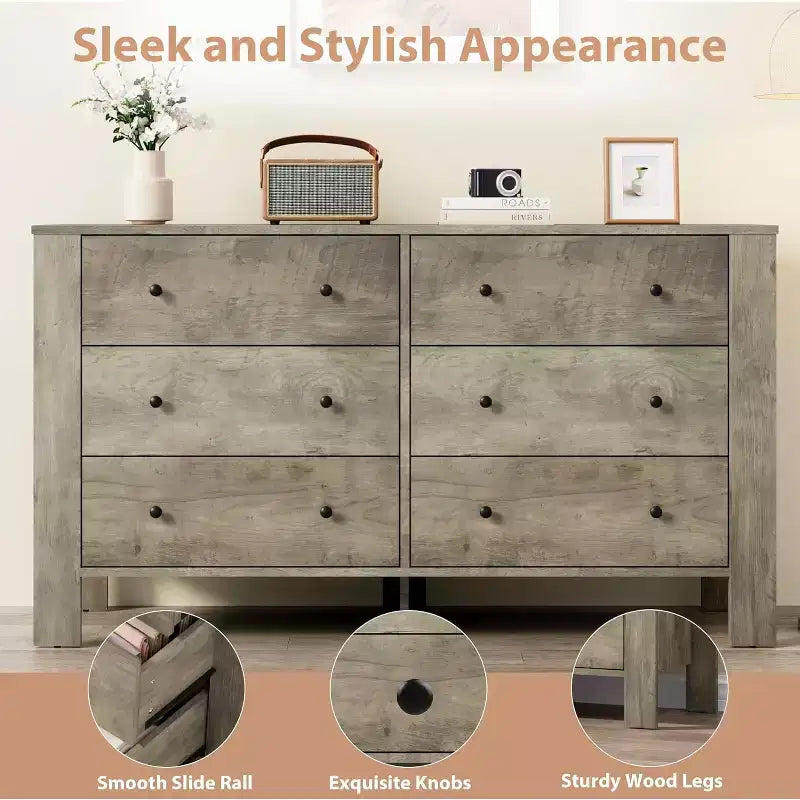 Comò per camera da letto, cassettiera a 6 cassetti con cassetto largo e maniglie in metallo, cassettiere e comò in legno per corridoio, ingresso
