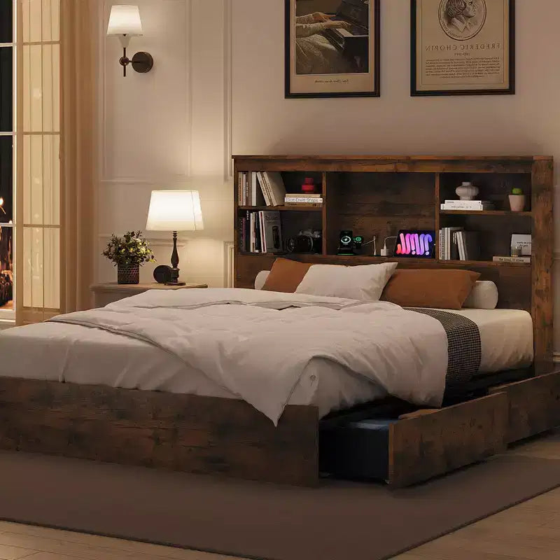 Struttura Letto King Size con Testiera a Libreria Alta con Spazio di Archiviazione, Struttura Letto in Legno con 4 Cassetti Contenitore, Stazione di Ricarica Integrata, Non Richiede Rete a Molle