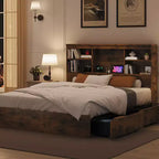 Struttura Letto King Size con Testiera a Libreria Alta con Spazio di Archiviazione, Struttura Letto in Legno con 4 Cassetti Contenitore, Stazione di Ricarica Integrata, Non Richiede Rete a Molle