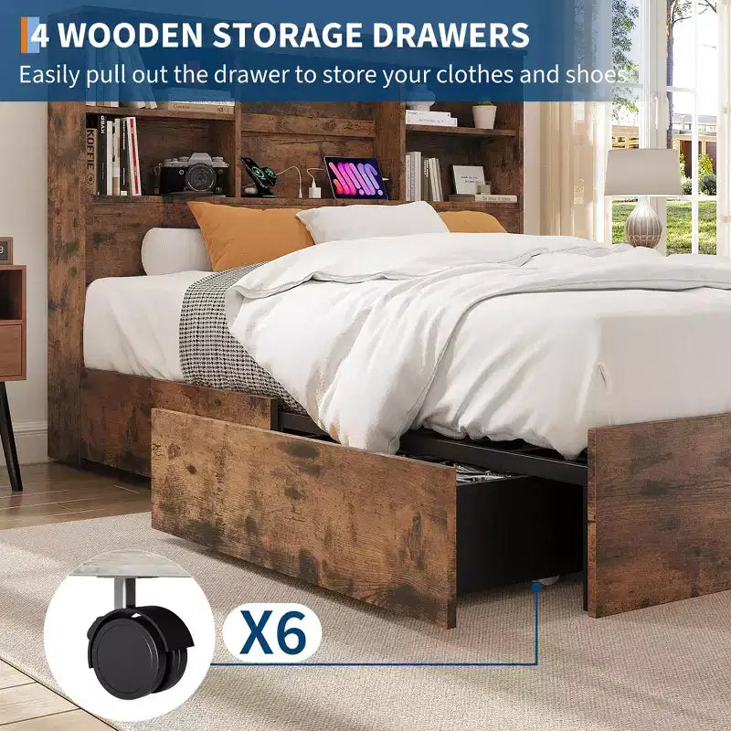 Struttura Letto King Size con Testiera a Libreria Alta con Spazio di Archiviazione, Struttura Letto in Legno con 4 Cassetti Contenitore, Stazione di Ricarica Integrata, Non Richiede Rete a Molle