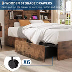 Struttura Letto King Size con Testiera a Libreria Alta con Spazio di Archiviazione, Struttura Letto in Legno con 4 Cassetti Contenitore, Stazione di Ricarica Integrata, Non Richiede Rete a Molle