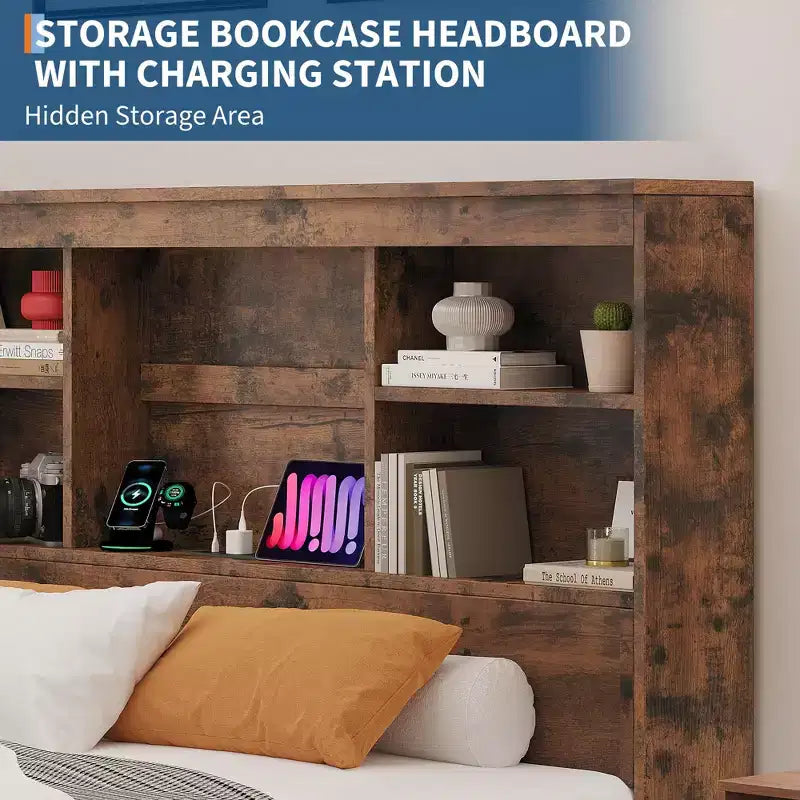 Struttura Letto King Size con Testiera a Libreria Alta con Spazio di Archiviazione, Struttura Letto in Legno con 4 Cassetti Contenitore, Stazione di Ricarica Integrata, Non Richiede Rete a Molle