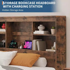 Struttura Letto King Size con Testiera a Libreria Alta con Spazio di Archiviazione, Struttura Letto in Legno con 4 Cassetti Contenitore, Stazione di Ricarica Integrata, Non Richiede Rete a Molle