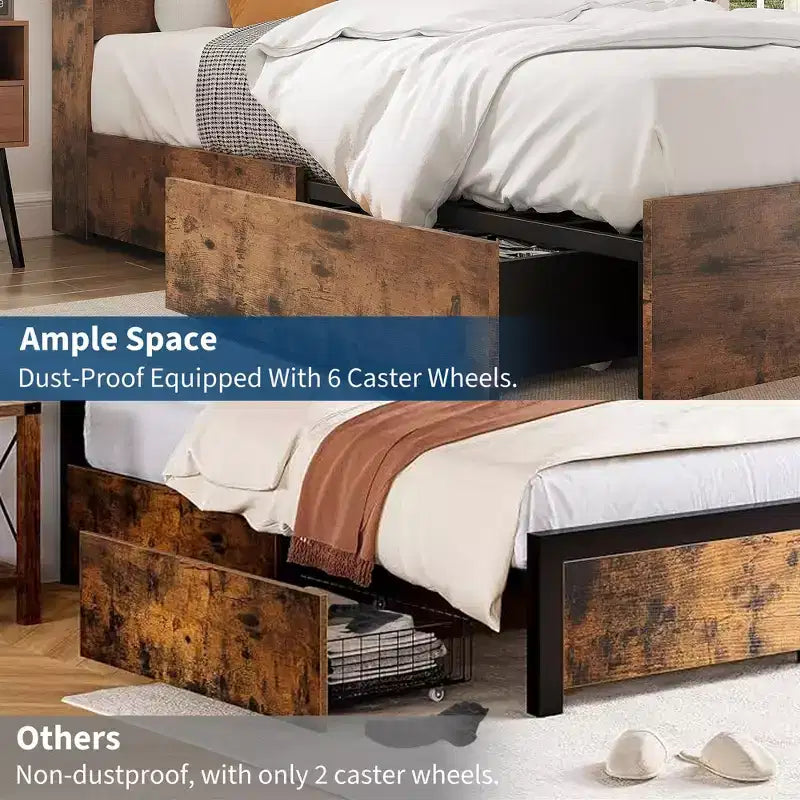 Struttura Letto King Size con Testiera a Libreria Alta con Spazio di Archiviazione, Struttura Letto in Legno con 4 Cassetti Contenitore, Stazione di Ricarica Integrata, Non Richiede Rete a Molle