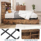 Struttura Letto King Size con Testiera a Libreria Alta con Spazio di Archiviazione, Struttura Letto in Legno con 4 Cassetti Contenitore, Stazione di Ricarica Integrata, Non Richiede Rete a Molle