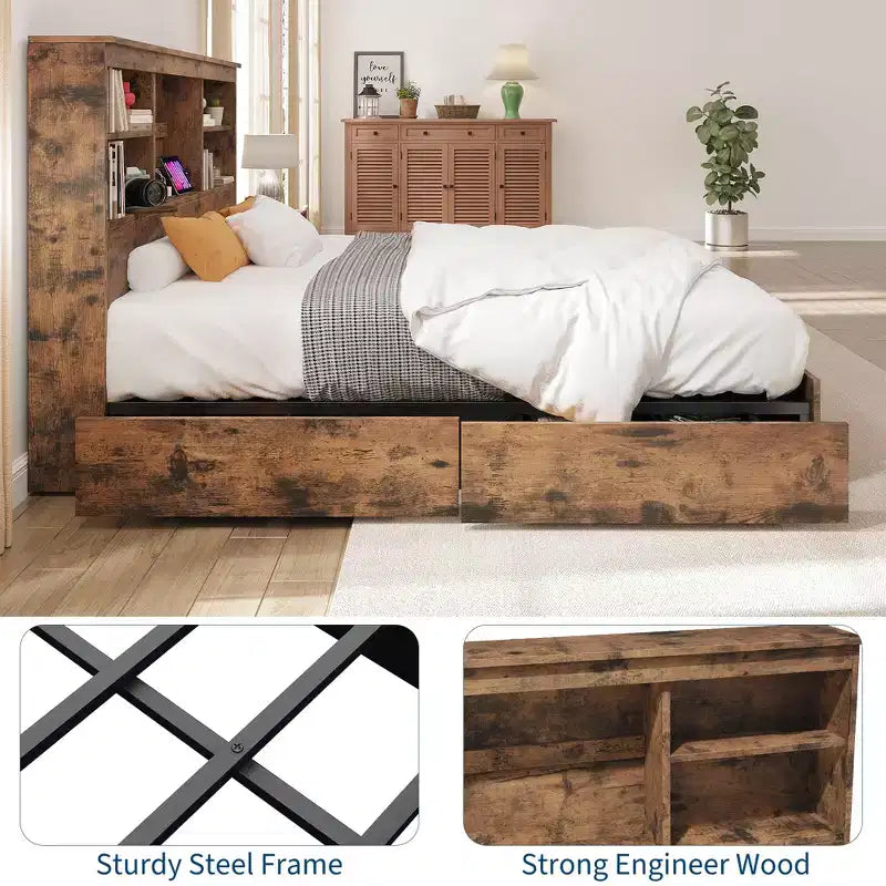 Struttura Letto King Size con Testiera a Libreria Alta con Spazio di Archiviazione, Struttura Letto in Legno con 4 Cassetti Contenitore, Stazione di Ricarica Integrata, Non Richiede Rete a Molle