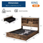 Struttura Letto King Size con Testiera a Libreria Alta con Spazio di Archiviazione, Struttura Letto in Legno con 4 Cassetti Contenitore, Stazione di Ricarica Integrata, Non Richiede Rete a Molle