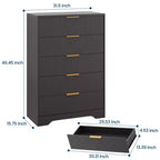 Cassettiera a 5 cassetti con frontali scanalati e maniglie color oro, comò alto per camera da letto