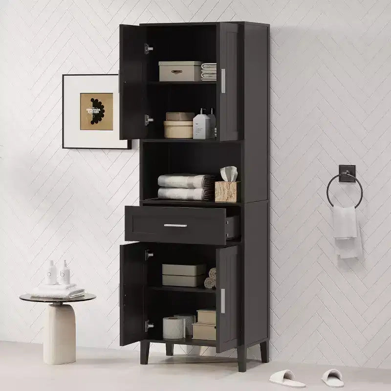 Mobile contenitore da bagno con 2 ante, 1 cassetto e ripiani regolabili, mobile contenitore alto indipendente per bagno