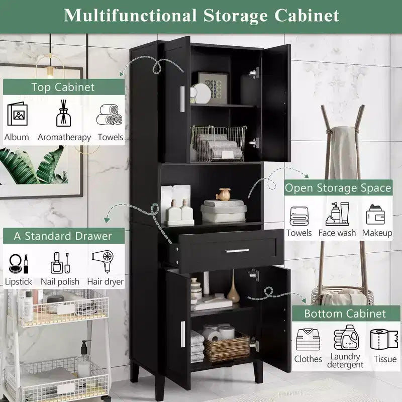 Mobile contenitore da bagno con 2 ante, 1 cassetto e ripiani regolabili, mobile contenitore alto indipendente per bagno