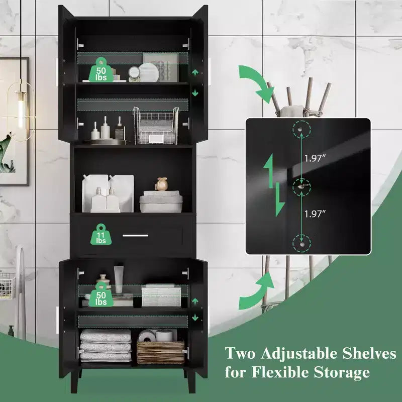 Mobile contenitore da bagno con 2 ante, 1 cassetto e ripiani regolabili, mobile contenitore alto indipendente per bagno