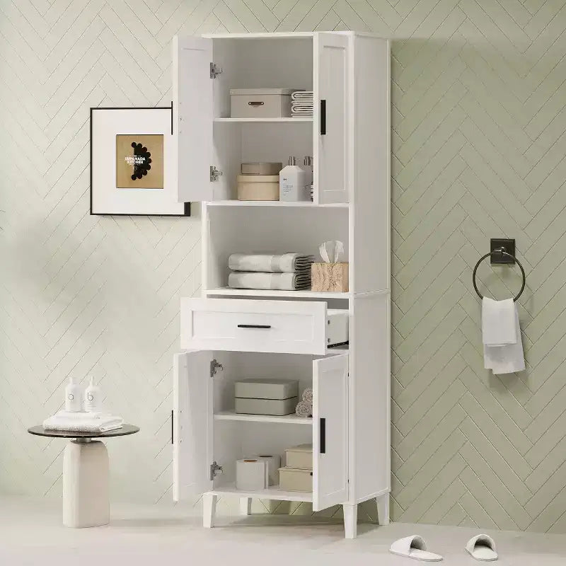 Mobile contenitore da bagno con 2 ante, 1 cassetto e ripiani regolabili, mobile contenitore alto indipendente per bagno