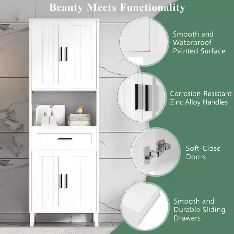 Mobile contenitore da bagno con 2 ante, 1 cassetto e ripiani regolabili, mobile contenitore alto indipendente per bagno