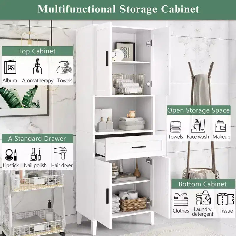 Mobile contenitore da bagno con 2 ante, 1 cassetto e ripiani regolabili, mobile contenitore alto indipendente per bagno