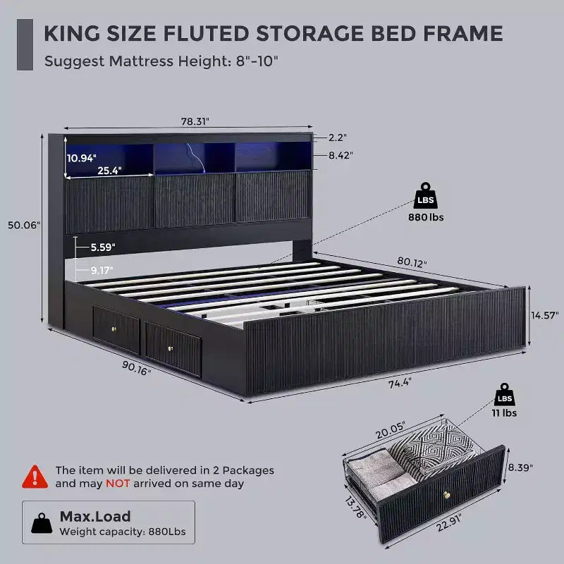 Struttura letto king size con testiera, struttura letto a piattaforma moderna in legno con luci e stazione di ricarica e cassetti, nessun bisogno di rete a molle
