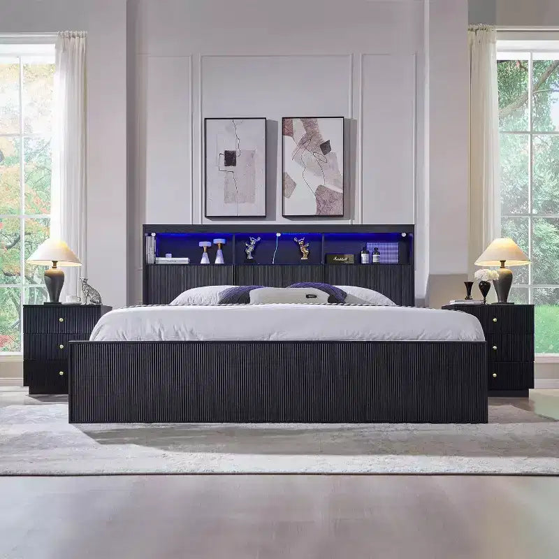 Struttura letto king size con testiera, struttura letto a piattaforma moderna in legno con luci e stazione di ricarica e cassetti, nessun bisogno di rete a molle
