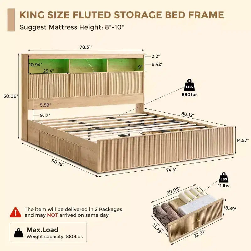 Struttura letto king size con testiera, struttura letto a piattaforma moderna in legno con luci e stazione di ricarica e cassetti, nessun bisogno di rete a molle