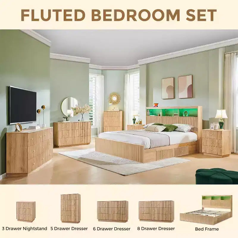 Struttura letto king size con testiera, struttura letto a piattaforma moderna in legno con luci e stazione di ricarica e cassetti, nessun bisogno di rete a molle