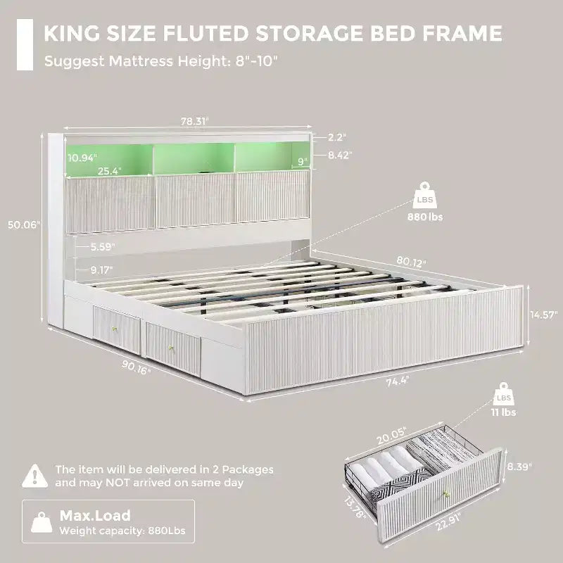 Struttura letto king size con testiera, struttura letto a piattaforma moderna in legno con luci e stazione di ricarica e cassetti, nessun bisogno di rete a molle