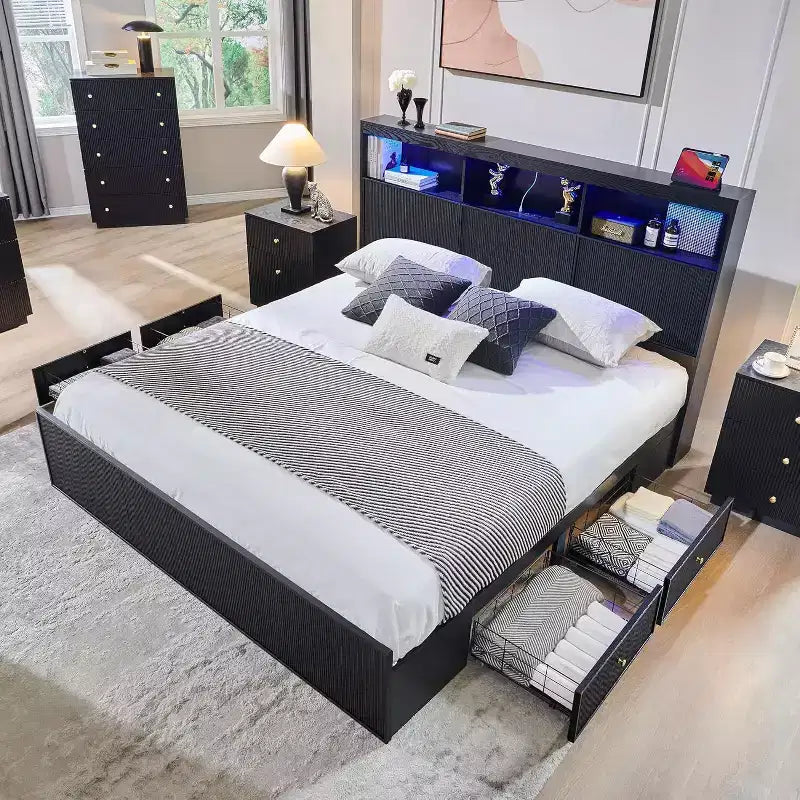 Struttura letto king size con testiera, struttura letto a piattaforma moderna in legno con luci e stazione di ricarica e cassetti, nessun bisogno di rete a molle
