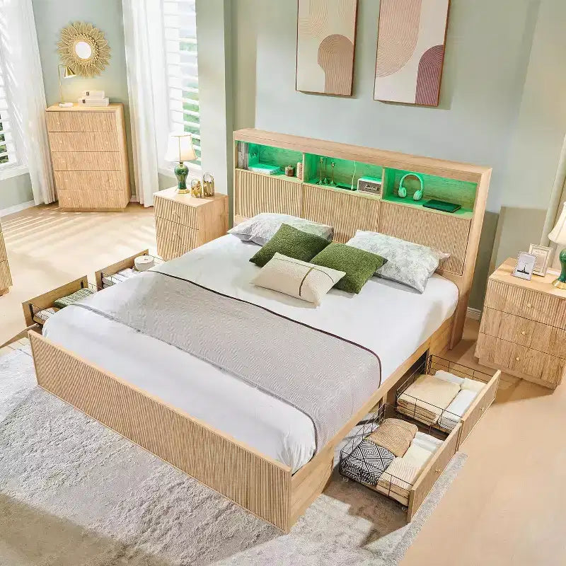 Struttura letto king size con testiera, struttura letto a piattaforma moderna in legno con luci e stazione di ricarica e cassetti, nessun bisogno di rete a molle