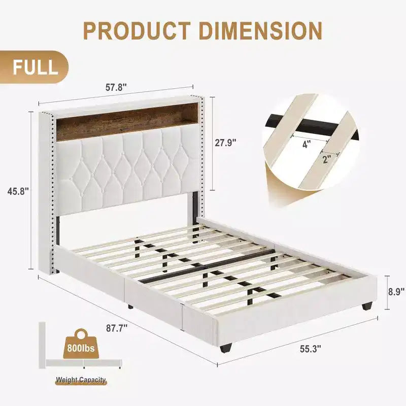 Struttura letto Full/Queen/King Size con luci LED, letto a piattaforma imbottito con stazione di ricarica e testiera con 2 ripiani portaoggetti