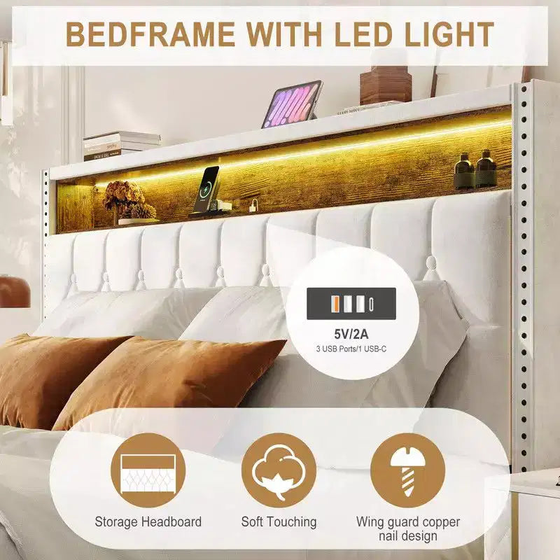 Struttura letto Full/Queen/King Size con luci LED, letto a piattaforma imbottito con stazione di ricarica e testiera con 2 ripiani portaoggetti