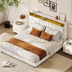 Struttura letto Full/Queen/King Size con luci LED, letto a piattaforma imbottito con stazione di ricarica e testiera con 2 ripiani portaoggetti