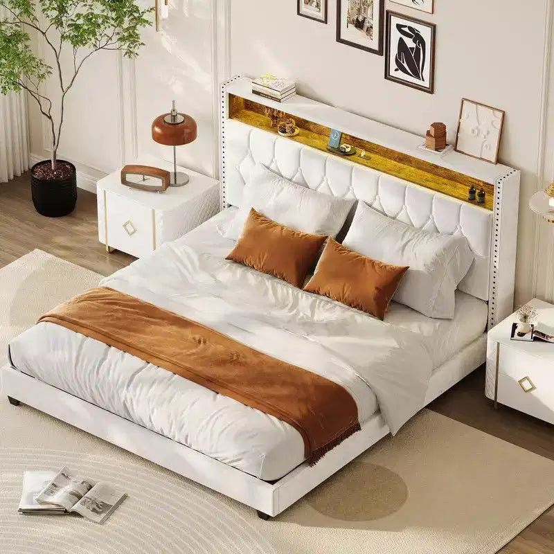 Struttura letto Full/Queen/King Size con luci LED, letto a piattaforma imbottito con stazione di ricarica e testiera con 2 ripiani portaoggetti