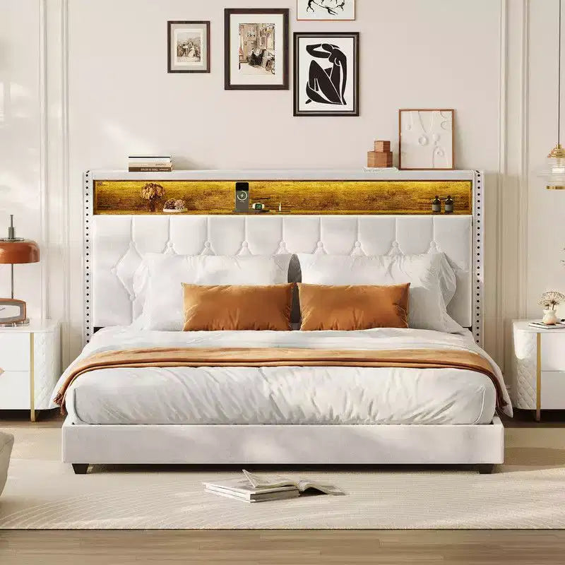 Struttura letto Full/Queen/King Size con luci LED, letto a piattaforma imbottito con stazione di ricarica e testiera con 2 ripiani portaoggetti