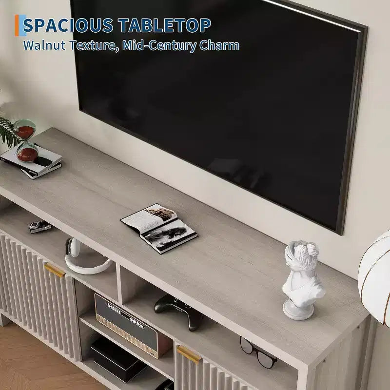 Mobile TV scanalato per TV da 65 pollici, Consolle multimediale moderna di metà secolo con ripiani regolabili, Mobiletto sottile per l'intrattenimento in stile rustico