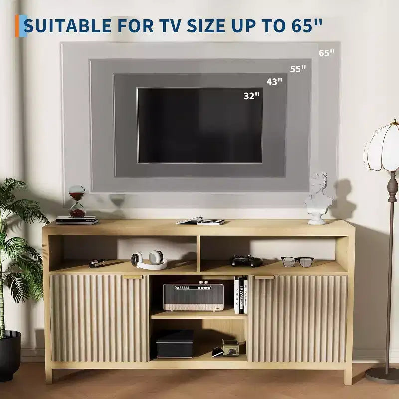 Mobile TV scanalato per TV da 65 pollici, Consolle multimediale moderna di metà secolo con ripiani regolabili, Mobiletto sottile per l'intrattenimento in stile rustico