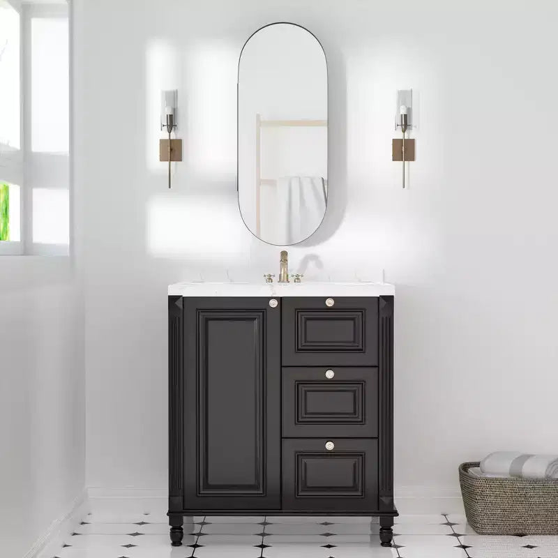 Mobiletti portamedicine da bagno ovali moderni 32 x 16 pollici, specchio da parete con cornice in metallo e contenitore, nero