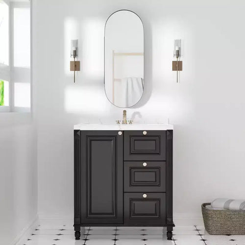 Mobiletti portamedicine da bagno ovali moderni 32 x 16 pollici, specchio da parete con cornice in metallo e contenitore, nero