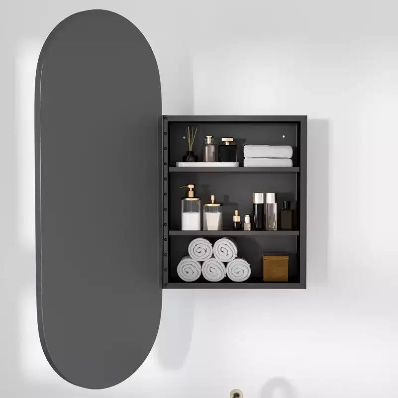 Mobiletti portamedicine da bagno ovali moderni 32 x 16 pollici, specchio da parete con cornice in metallo e contenitore, nero