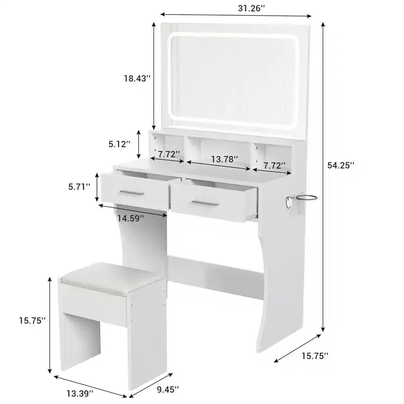 Toeletta con Specchio, Tavolo da Trucco con Cassetti, Sgabello, Tavolino da Toilette in Legno
