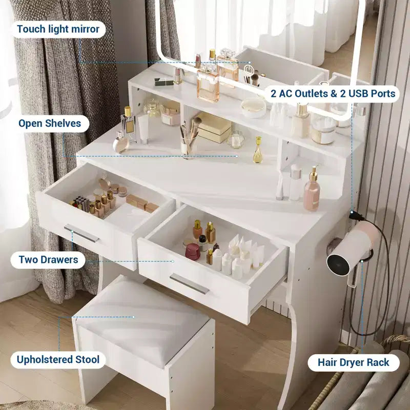 Toeletta con Specchio, Tavolo da Trucco con Cassetti, Sgabello, Tavolino da Toilette in Legno