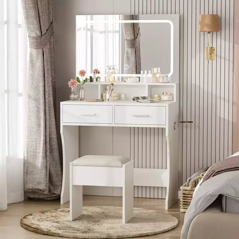 Toeletta con Specchio, Tavolo da Trucco con Cassetti, Sgabello, Tavolino da Toilette in Legno