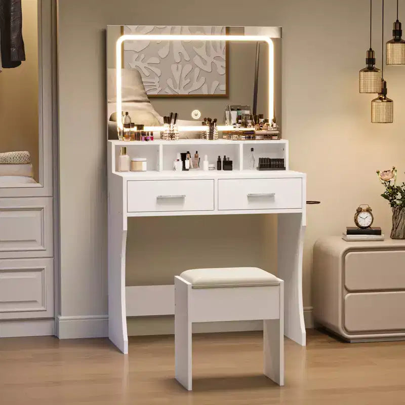 Toeletta con Specchio, Tavolo da Trucco con Cassetti, Sgabello, Tavolino da Toilette in Legno