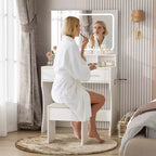 Toeletta con Specchio, Tavolo da Trucco con Cassetti, Sgabello, Tavolino da Toilette in Legno
