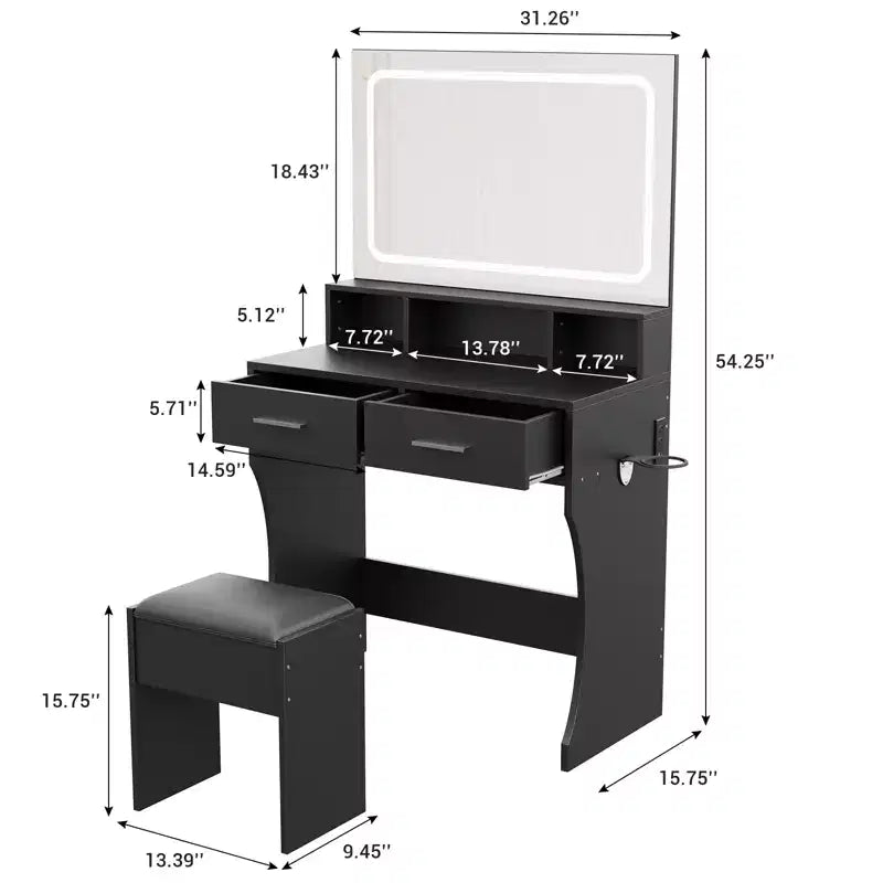 Toeletta con Specchio, Tavolo da Trucco con Cassetti, Sgabello, Tavolino da Toilette in Legno