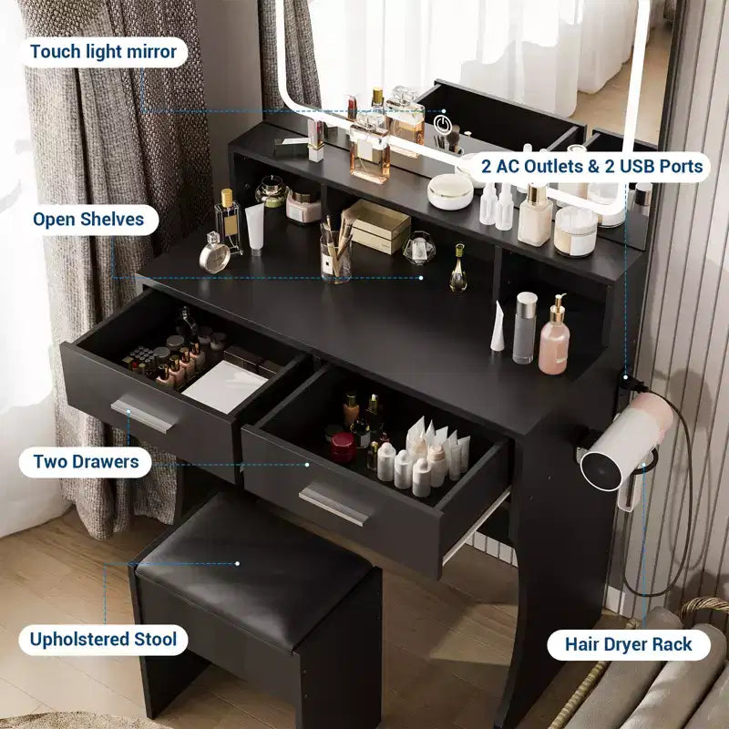 Toeletta con Specchio, Tavolo da Trucco con Cassetti, Sgabello, Tavolino da Toilette in Legno