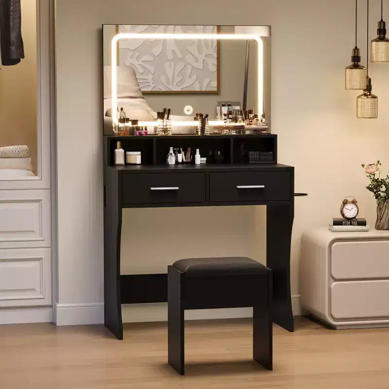 Toeletta con Specchio, Tavolo da Trucco con Cassetti, Sgabello, Tavolino da Toilette in Legno