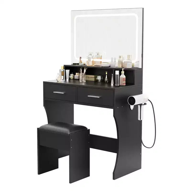 Vanity Desk with Mirror, Makeup Vanity Table Set with Drawers, Stool, Wood Make Up Dressing Table
