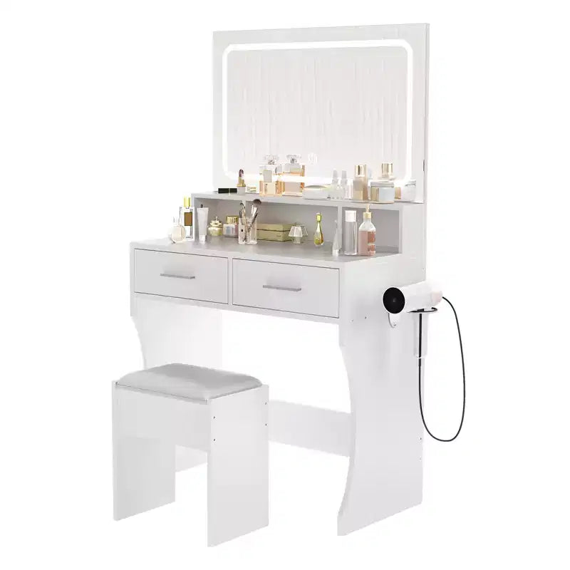 Toeletta con Specchio, Tavolo da Trucco con Cassetti, Sgabello, Tavolino da Toilette in Legno